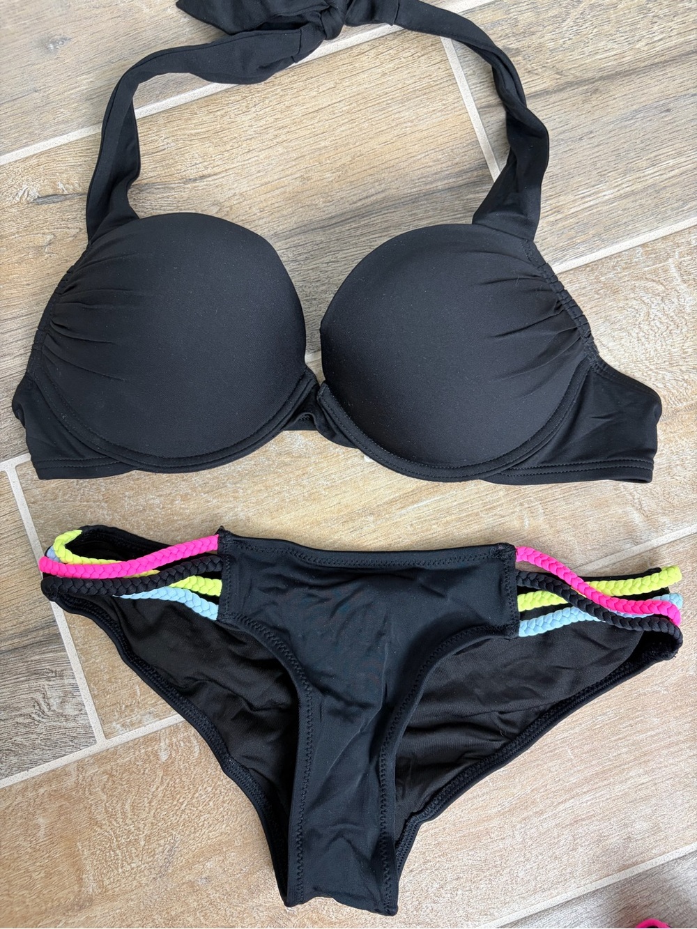 Victoria's Secret Black Bikini Top with 2 Black & Neon-Striped Bottoms